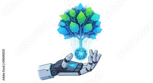Robotic Hand Holding a Glowing Digital Tree - Concept of Sustainable AI, Environmental Technology, and Futuristic Green Growth