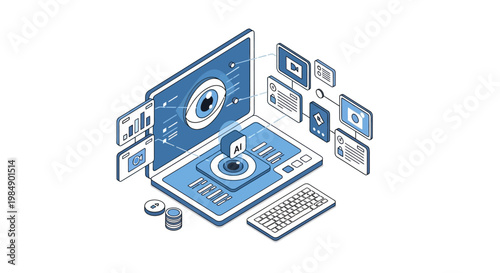 Isometric AI Computer Vision and Digital Surveillance Illustration featuring Laptop with Eye Interface for Data Privacy and Machine Learning Concepts