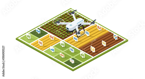 Precision Agriculture and Smart Farming Concept: Isometric Drone Flying Over Digital Fields with Data Analytics and Crop Monitoring Icons