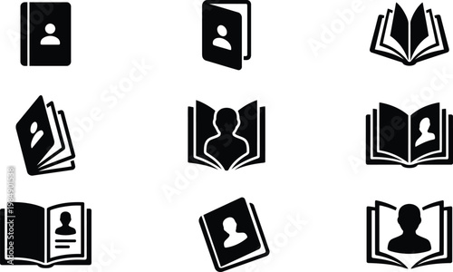 Sammlung von neun schwarzen und weißen Icons, die Adressbücher, Kontaktverzeichnisse und persönliche Notizbücher mit stilisierten Personensymbolen darstellen.