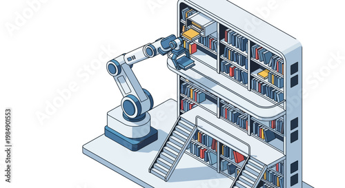Isometric Illustration of a Robotic Arm Organizing Books in a Modern Library, Representing AI Automation and Digital Database Management