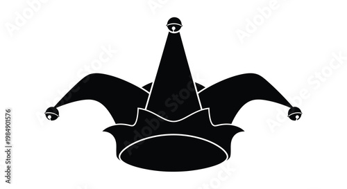 A black silhouette of a traditional jester s hat with bells