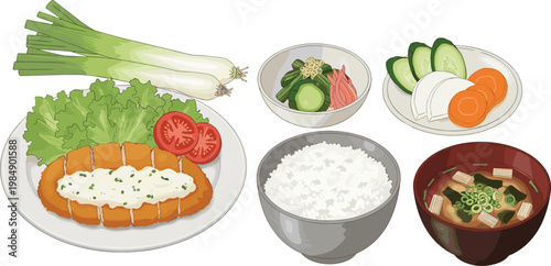 Japanese meal set with rice miso soup tonkatsu salad and vegetables vector illustration isolated on white