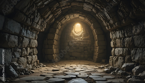 Empty tomb of Jesus Christ with glowing light inside a stone cave