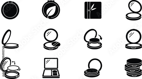 Eine Reihe von Schwarz-Weiß-Symbolen, die verschiedene Arten von Kompaktpuder- und Make-up-Etuis darstellen, darunter offene und geschlossene Varianten mit Spiegeln und Applikatoren.