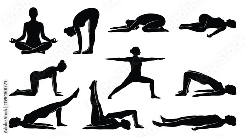 Set of yoga poses silhouettes isolated on transparent background for wellness design.