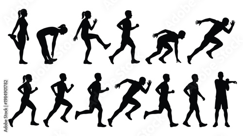 Running and warm-up exercises silhouettes set people in motion.