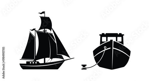 Black ship and boat icons ideal for design projects on transparent background silhouette