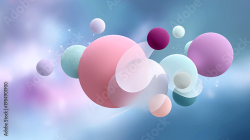 Abstract illustration of colorful spheres in various sizes and opacities floating against a soft gradient background of blue and purple hues