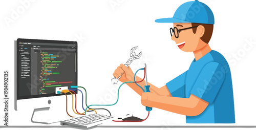 Cartoon character with tools repairs computer hardware and software on a desk.