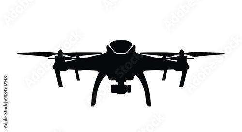 A black silhouette of a modern quadcopter drone with a camera