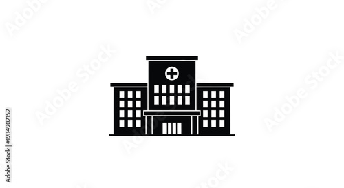 Simple black silhouette of a hospital building with a medical cross