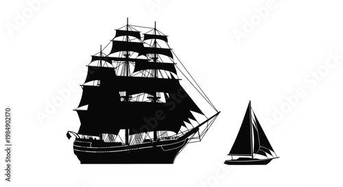 Detailed sailing ship and small sailboat illustration on transparent background silhouette