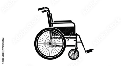 Simple black silhouette of a manual wheelchair viewed from the side