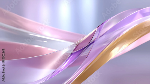 Abstract flowing waves of translucent pink, purple, and gold colors create a smooth, elegant background with soft gradients and reflections for artistic design purposes