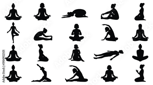 Collection of yoga and meditation poses silhouettes on transparent background.