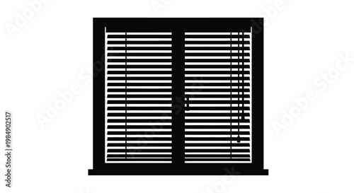 A simple black and white illustration of a window with closed blinds