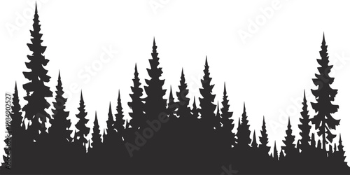 An isolated winter landscape illustration featuring a crisp grass silhouette set against a snowy forest of coniferous pine and fir trees under a cold seasonal sky