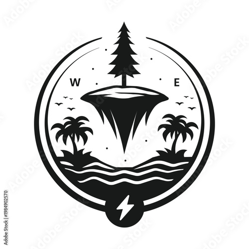 Creative Outdoor Adventure Logo with Pine Tree on Floating Island, Palm Trees, Ocean Waves, and Lightning Bolt Symbol
