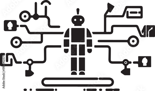 Robot integrated with a complex network of futuristic technology icons Vector