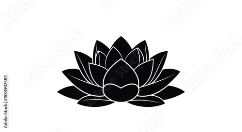 A minimalist black and white illustration of a blooming lotus flower