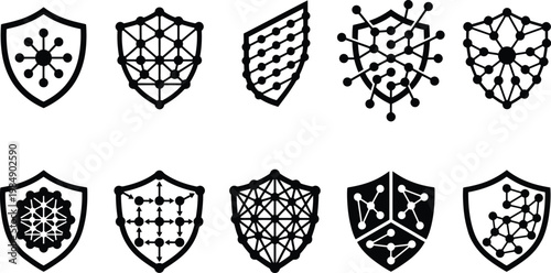 Zehn verschiedene Schildsymbole mit komplexen Netzwerk- und Datenstrukturen, die Sicherheit und Konnektivität darstellen.