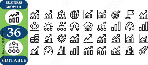 Business growth editable icons set with various symbols and graphs for finance and statistics