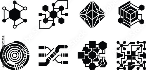 Sammlung von abstrakten Technologie- und Netzwerk-Symbolen in Schwarz-Weiß-Grafik.