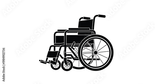 A black silhouette of a manual wheelchair on a white background