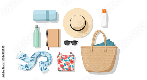 Summer vacation, beach essentials, travel accessories, vector icons