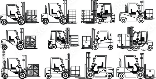 Industrial Forklift Vector Icon Set Featuring Heavy Machinery Lifting Cargo Pallets and Warehouse Storage Boxes for Logistics Distribution and Supply Chain Business Designs