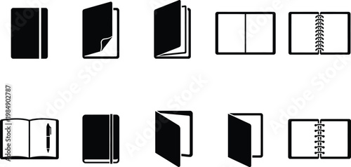 Verschiedene Icons von Notizbüchern, Büchern und Ordnern in unterschiedlichen Ansichten und Bindungen.