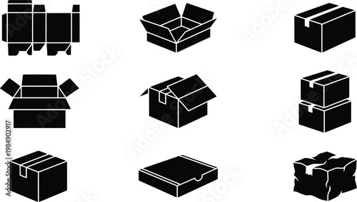 Verschiedene schwarze Silhouetten von Kartons und Verpackungen, darunter offene, geschlossene, gestapelte und beschädigte Schachteln sowie eine Schnittvorlage.