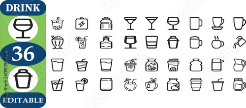 Editable drink icons set with thirty six different beverages and glasses vector graphics