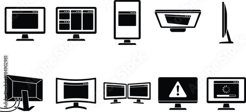 Vektor-Icons von Computermonitoren in verschiedenen Ansichten und Zuständen, einschließlich Standard-, Hochformat-, gekrümmten und Dual-Monitor-Setups sowie Fehlermeldungen.