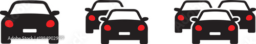 multiple cars front view flat vector icon set black red headlights traffic fleet crowd automobile symbol
