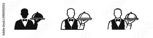 Professional Waiter Serving Food Cloche Platter Icon Set