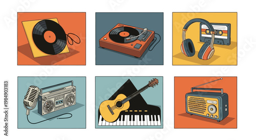 Retro Music Collection: Vinyl, Turntable, Cassette, Boombox, Guitar, Radio