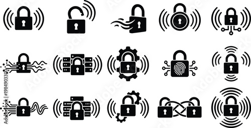 Sammlung von Sicherheitsschloss-Symbolen mit drahtlosen Signalen und Datenverbindungen, die digitale Sicherheit und Konnektivität darstellen.