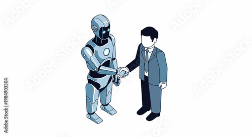 Isometric Illustration of a Robot and Businessman Shaking Hands Representing AI Collaboration and Future Business Technology