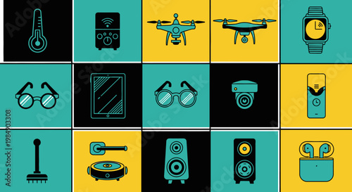 Smart Home Technology Icons: Drone, Watch, Speaker, Robot Vacuum, Tablet