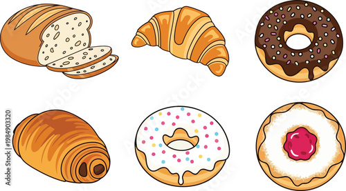 Bakery food set with sliced bread loaf butter croissant and chocolate glazed donuts vector illustration