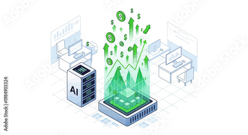 AI Artificial Intelligence Driven Financial Growth and Business Profitability Isometric Concept with Server and Green Charts