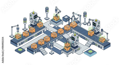 Smart Automated Warehouse Isometric Illustration with Robots and Conveyor Belts for Industry 4.0, Logistics, and E-commerce Fulfillment