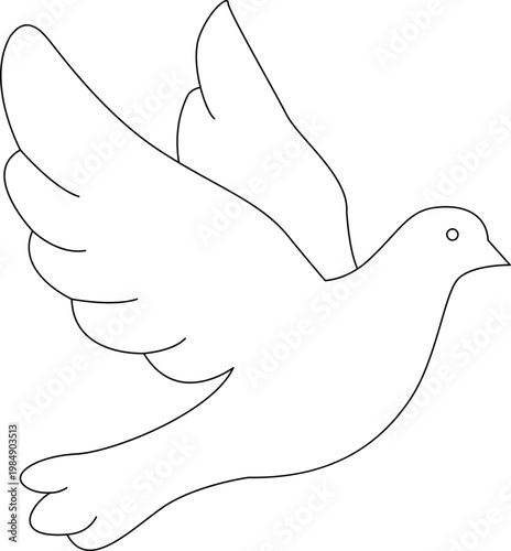 A simple line drawing depicts a white dove in graceful flight