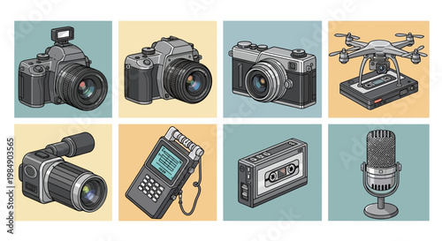 Retro and Modern Gadgets: Cameras, Drone, Recorder, Microphone, Camcorder