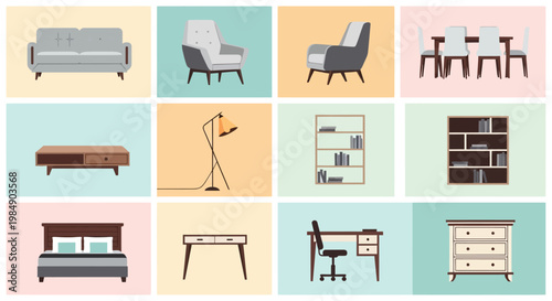 Collection of Flat Design Furniture Icons for Interior Decoration