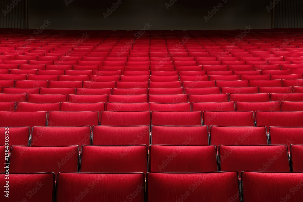 Fototapeta premium Rows of empty red theater seats receding into the darkness of a large auditorium.