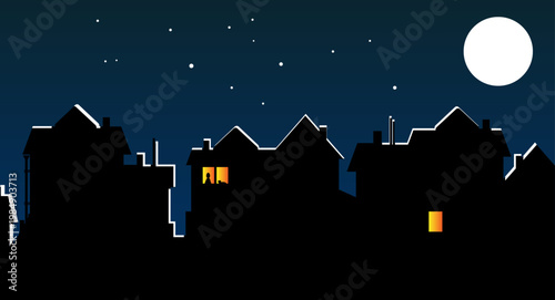 Silhouettes of houses with luminous windows on the background of the night sky with the moon and stars. Vector illustration