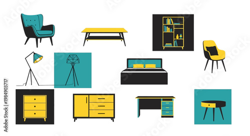 Modern Furniture Collection: Chairs, Desk, Bed, Bookshelf, Lamps, Dresser